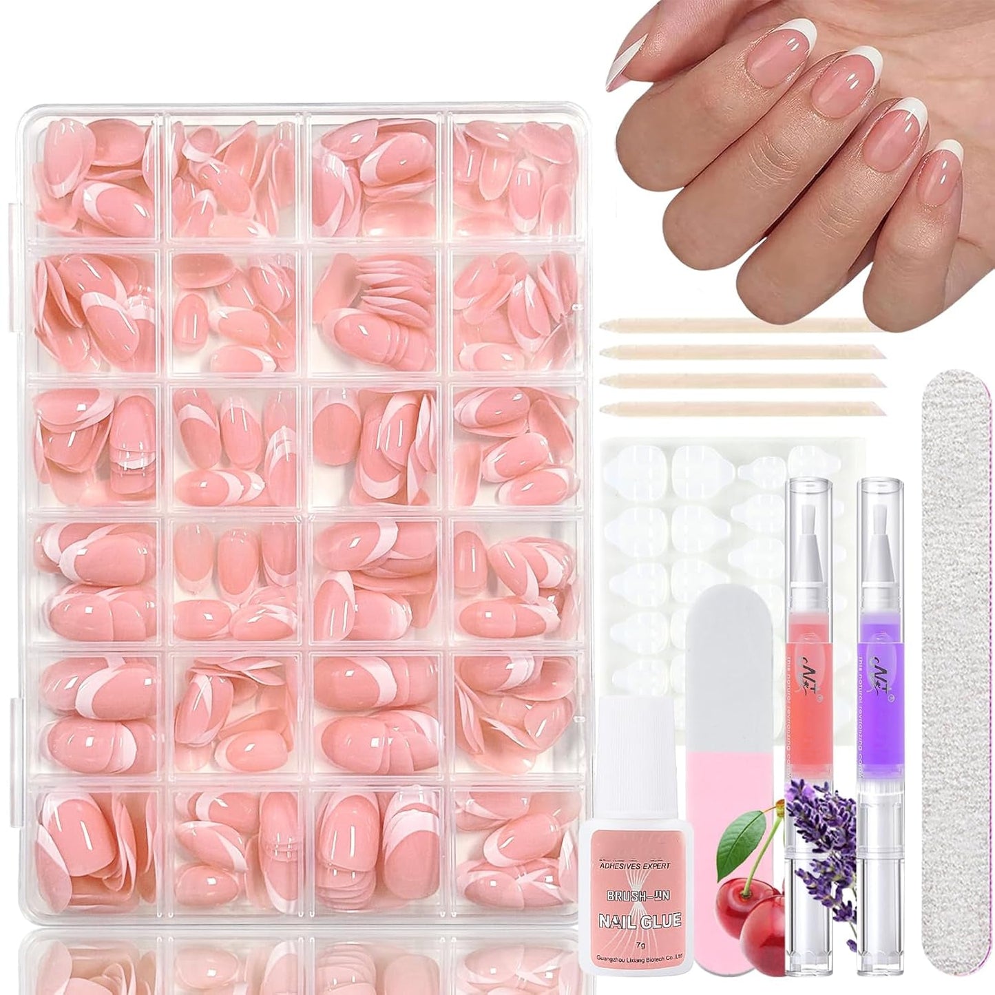 Set 360 de bucăți de unghii false cu balerină în gradient, unghii artificiale cu gradient roz și alb pentru lipire cu 2 bucăți de stilouri cu ulei pentru unghii, unghii false medii ombre pentru femei DIY