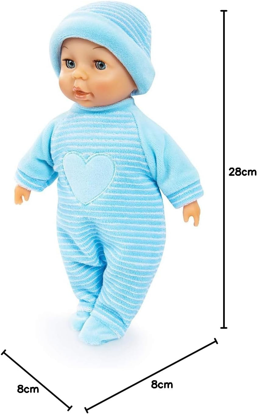 Bayer Design 92802AU Primul Meu Bebeluș 28cm, Păpușă Bebeluș, Păpușă cu Corp Moale și Ochi Dormitori, Foarte La îndemână, Ținută Drăguță, Albastră cu Inimă