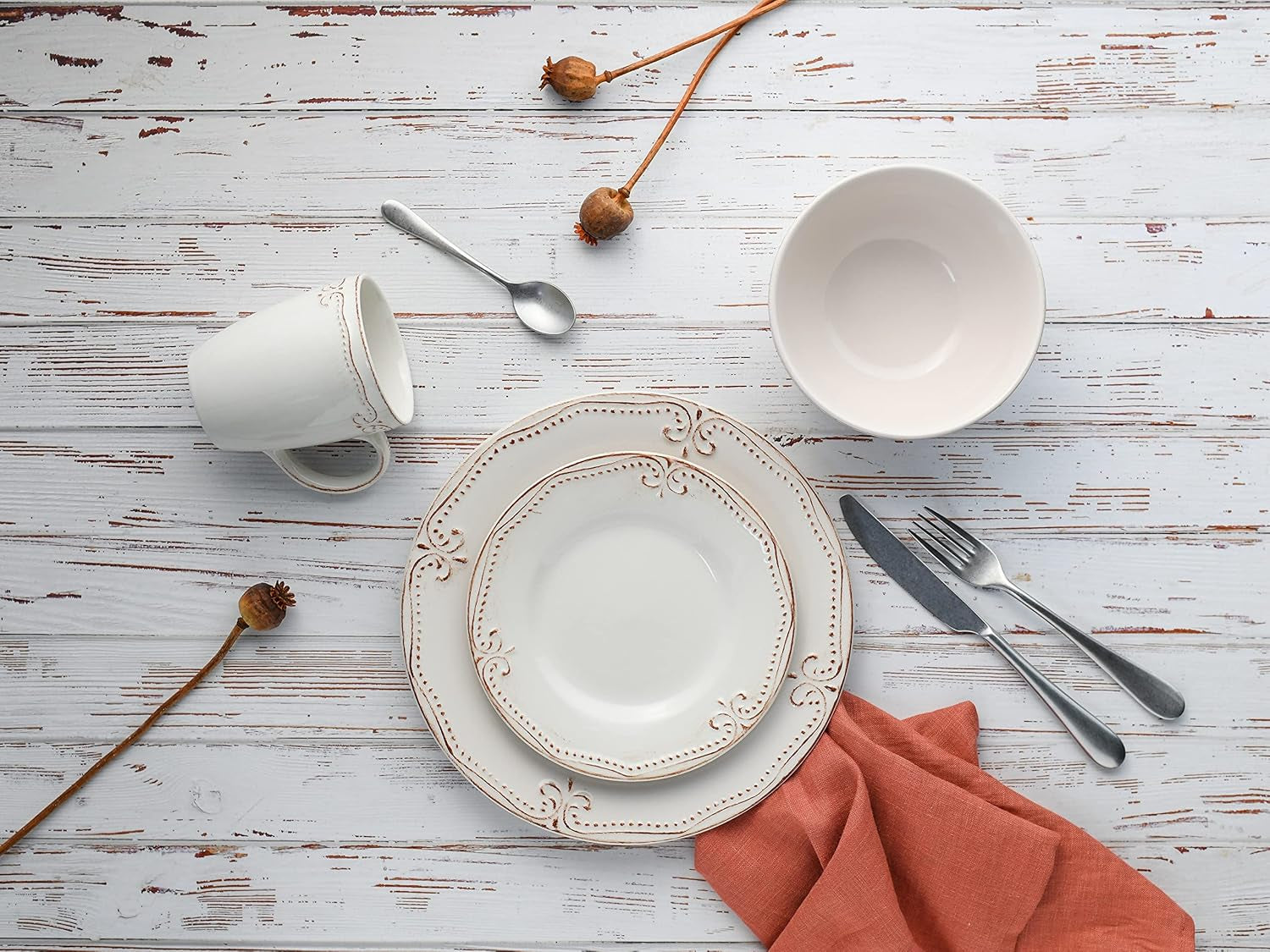 CreaTable, 23601, seria Romantic Vintage, set de veselă cu 16 piese pentru 4 persoane, serviciu combinat din gresie, potrivit pentru mașina de spălat vase și cuptorul cu microunde, producție de calitate