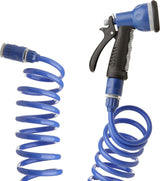 Set furtun spiralat TATAY 10 m cu accesorii din plastic cu protecție UV, ideal pentru terase și grădini mici.
