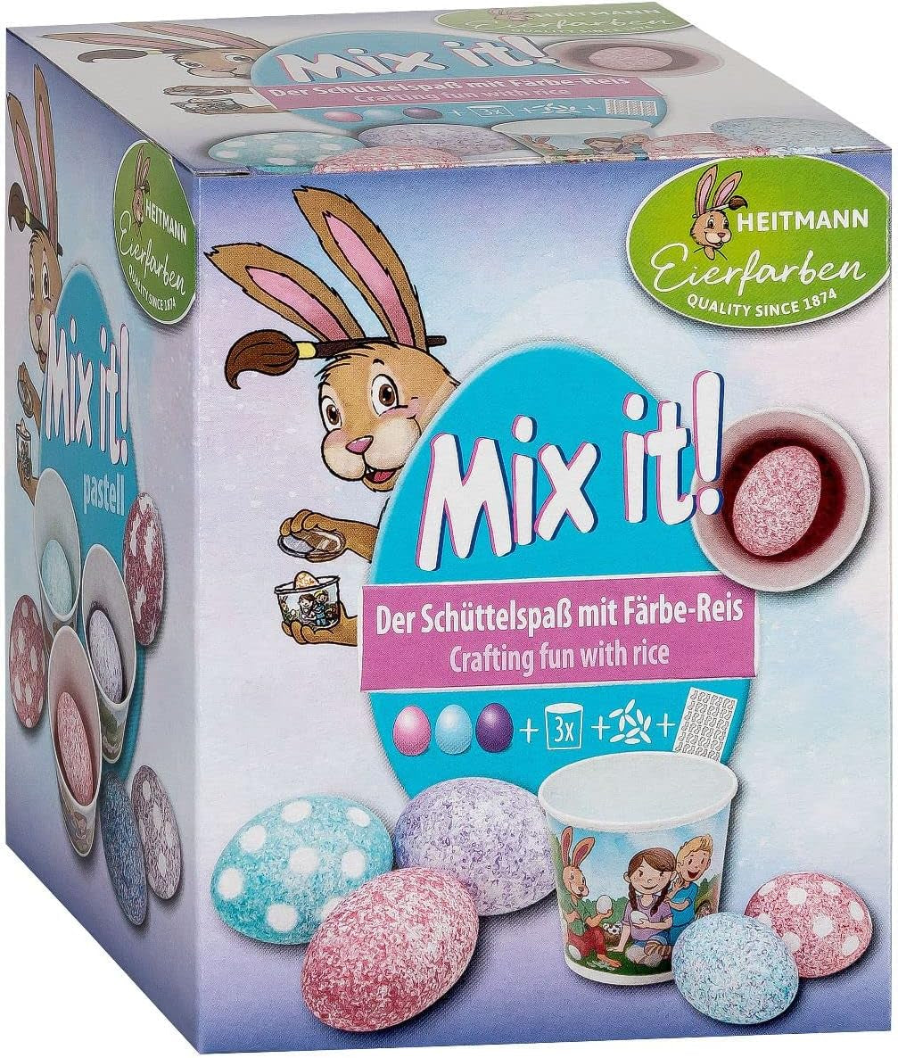 Coloranți de ou Heitmann - Mix It Pastel - 3 coloranți lichizi de ou în roz, turcoaz și violet, cupă, orez, șabloane și mănuși - Vopsire ușoară cu ouă