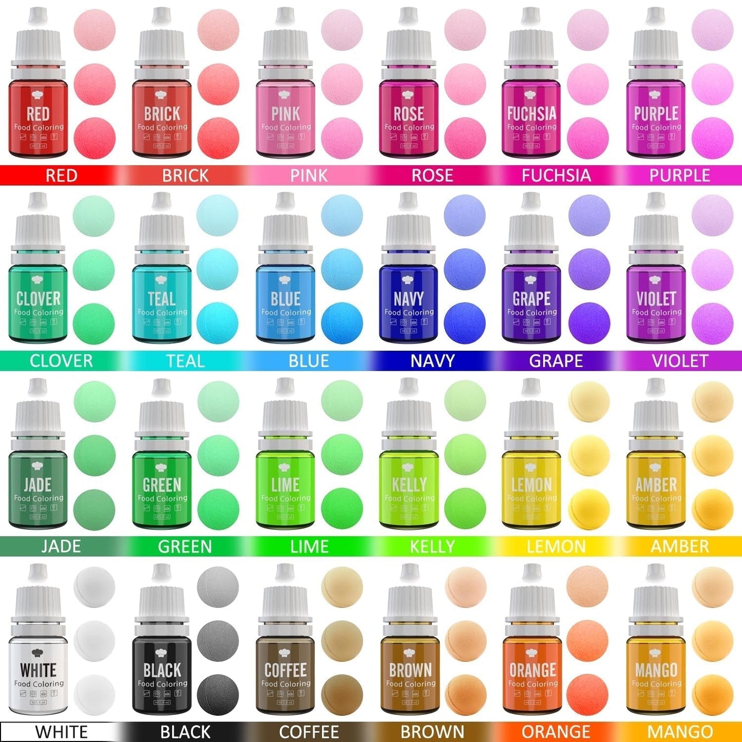 Colorant alimentar - 24 de coloranți alimentari vibranți pentru copt, decorarea torturilor, glazură, fursecuri, fondant și macaroane - Colorant alimentar lichid pentru fabricarea săpunului și meșteșuguri - 24 x 6ml