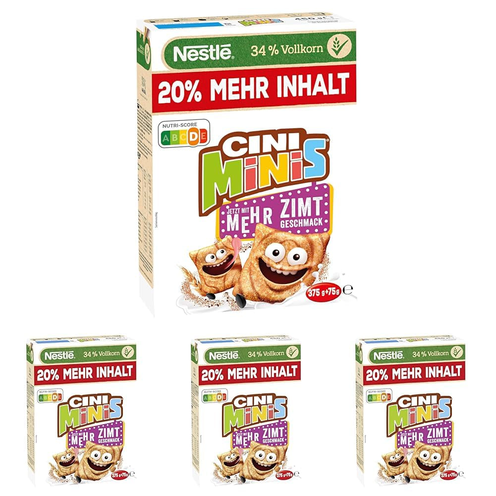 Nestlé CINI MINIS, Muesli cu scorțișoară, 37% cereale integrale vitale, cu vitamine, calciu și fier, fulgi crocanți, pachet de 7 (7x375g)