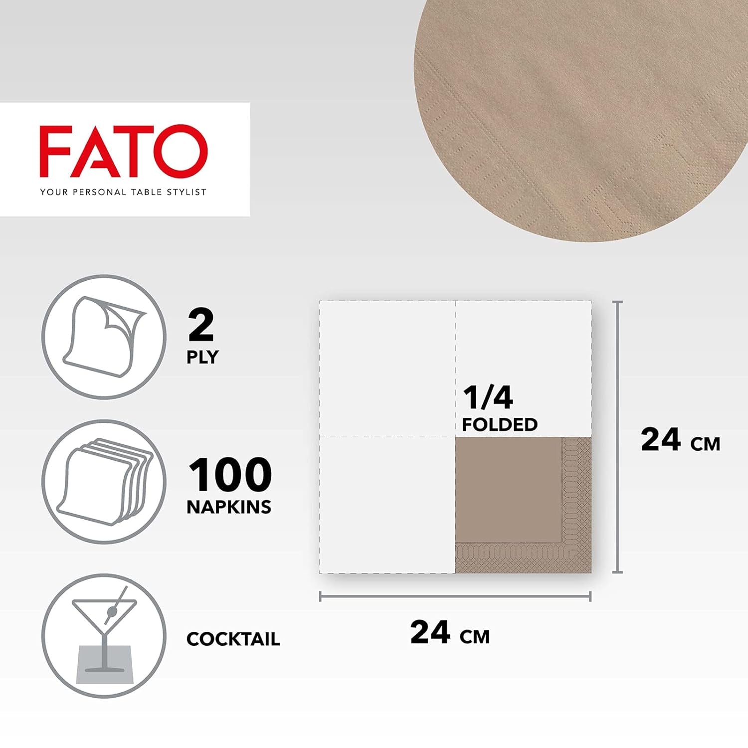 , Șervețele de hârtie de unică folosință, Ideale pentru aperitive și cocktailuri, Pachet de 100 șervețele, Dimensiune 24X24 pliate în 4, 2 straturi, Culoare Turtledove, 100% hârtie din celuloză pură, certificat Fsc