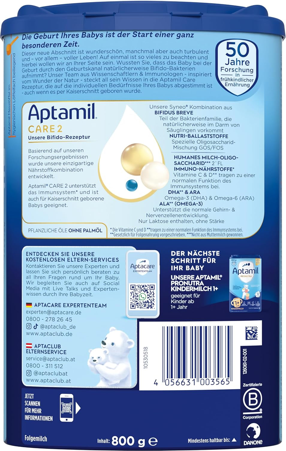 Aptamil Care 2 – Potrivit și pentru bebelușii născuți prin cezariană – 1 x 800 g