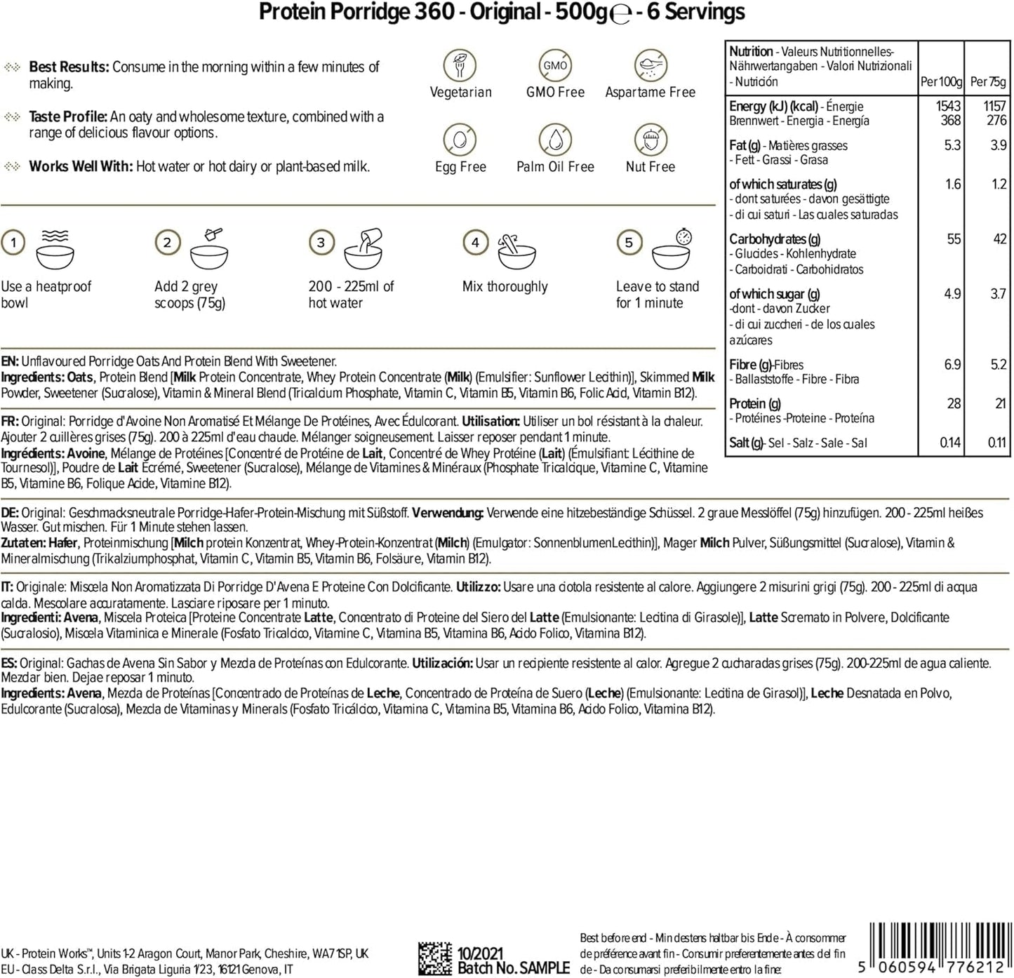 Protein Works - Protein Porridge 360 | Mit Zusätzlichen Vitaminen & Mineralien | Proteinreiches Frühstück | Kalorienarme Haferflocken | 6 Servings | Natürlich | 500G Cereale Naty Shop