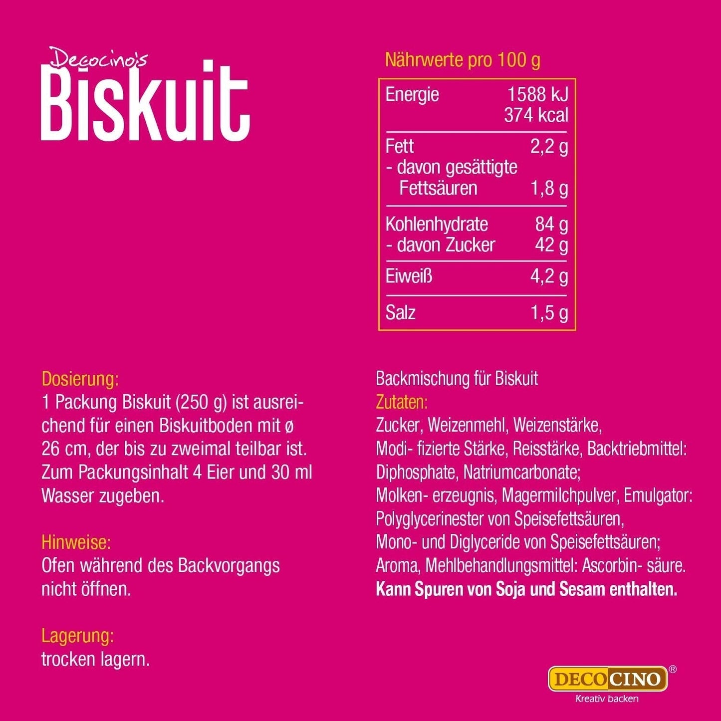 DECOCINO Biskuit Backmischung (250 G) – Einfache Zubereitung – Gelingsicher – Zum Backen Von Luftigen Biskuitböden, Creme-Torten, Biskuitrollen Uvm. Naty Shop