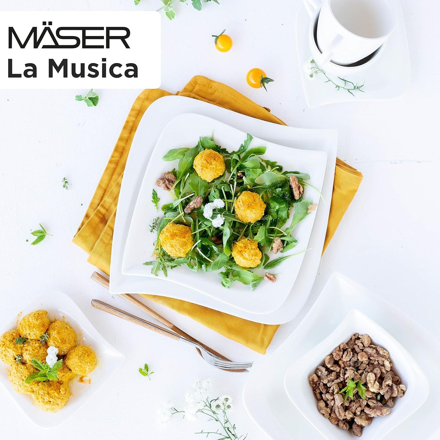 Verso de Mäser, seria La Musica, serviciu de cafea cu 18 piese, set de veselă din porțelan pentru 6 persoane, 921172, alb