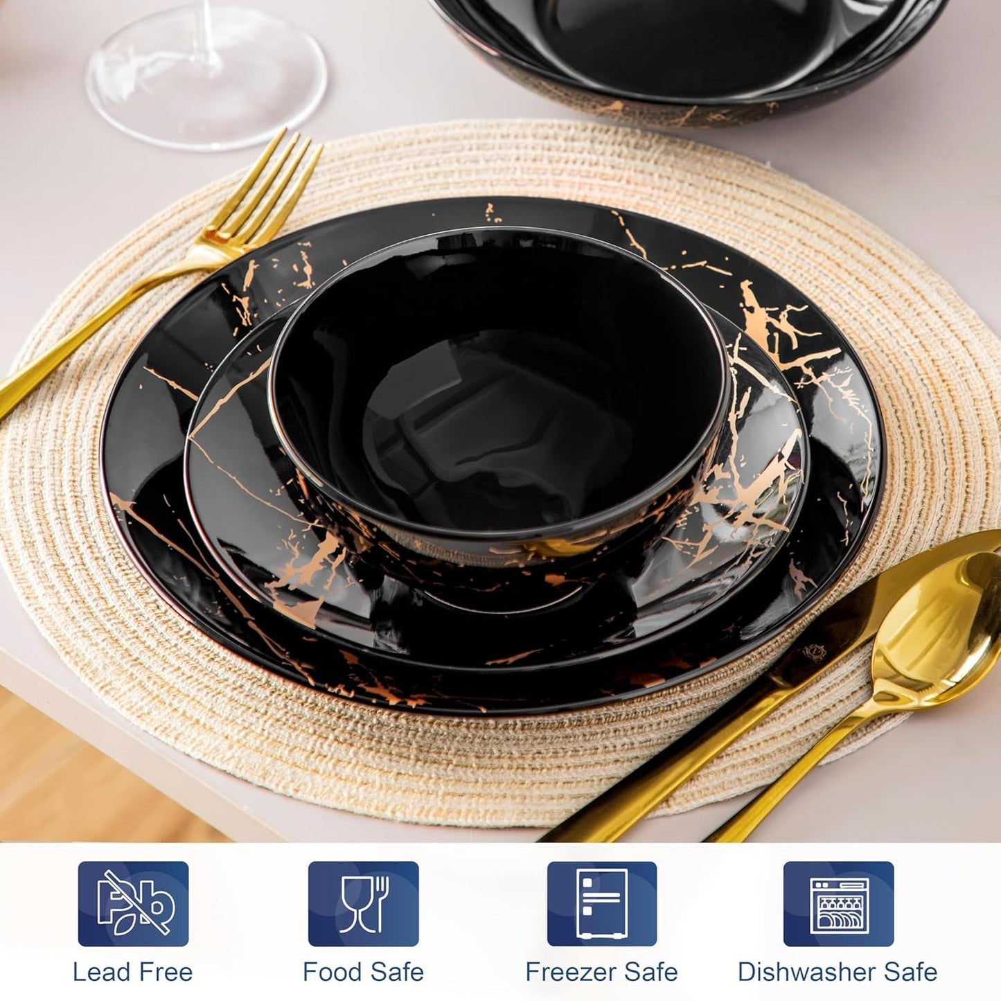 Set de veselă din porțelan LOVECASA, seria Daphne, set combinat SWEET cu 24 de piese, set de veselă cu design auriu, farfurii de cină, farfurii de desert, boluri pentru cereale și farfurii de sumă pentru 6 persoane