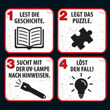 The Three ??? - Crime Puzzle - The Villa of the Puzzles By KOSMOS 697976, 300 piese, Strălucește în întuneric, Cu lampă UV, Citire, Puzzle, Rezolvarea puzzle-urilor, Puzzle detectiv De la 10 ani Puzzle Naty Shop
