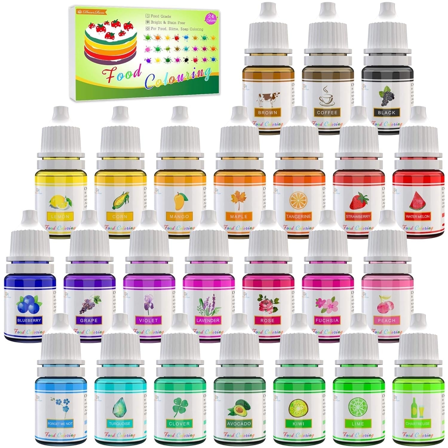 Colorant alimentar - Set de 24 de culori colorant alimentar lichid pentru copt torturi, fursecuri, fondant, macaroane - Colorant alimentar pentru decorarea torturilor, săpunuri DIY, colorant pentru artizanat - 6 ml fiecare