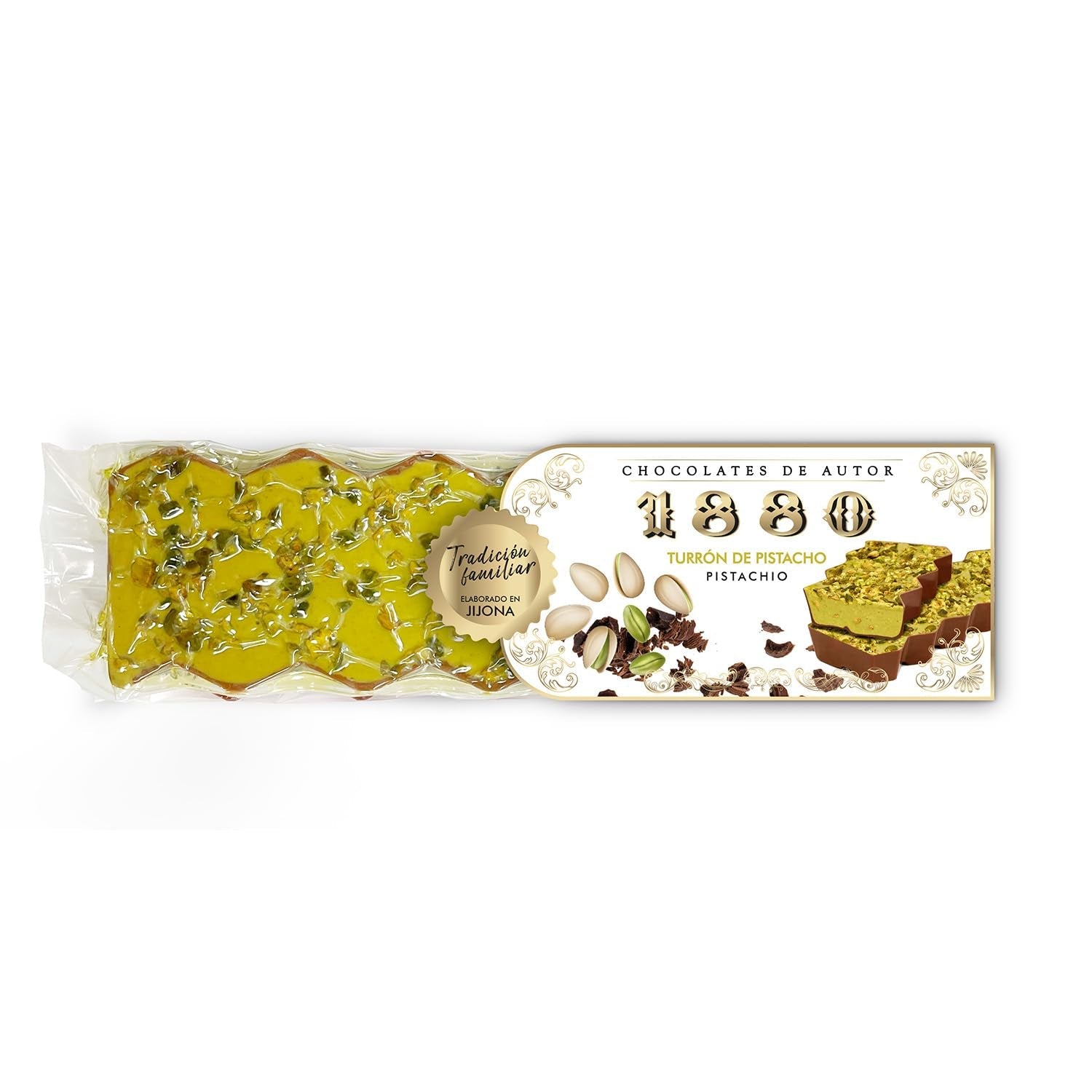 Turrón cu fistic din ciocolată artizanală, 200g, textură cremoasă, calitate superioară, ingrediente fine, gust autentic, cel mai scump turrón din lume