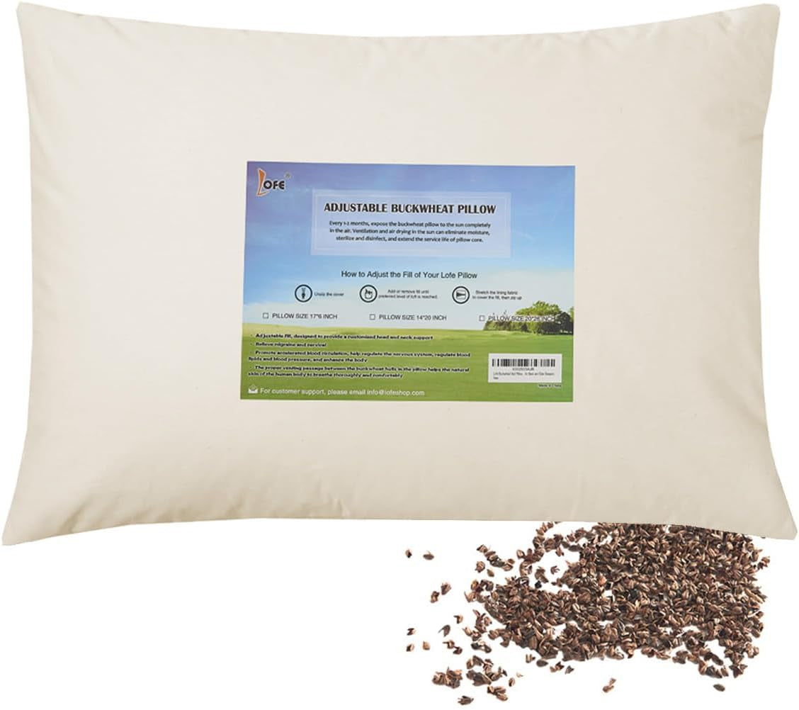 LOFE Pernă organică de hrișcă pentru dormit, 35,6 X 50,8 cm, reglabilă, respirabilă pentru un somn răcoros, suport cervical pentru cei care dorm pe spate și lateral (Tartary Buckwheat Hulls) Perne standard Naty Shop Culoare crem Dimensiune medie (16Ã-22 Inch)