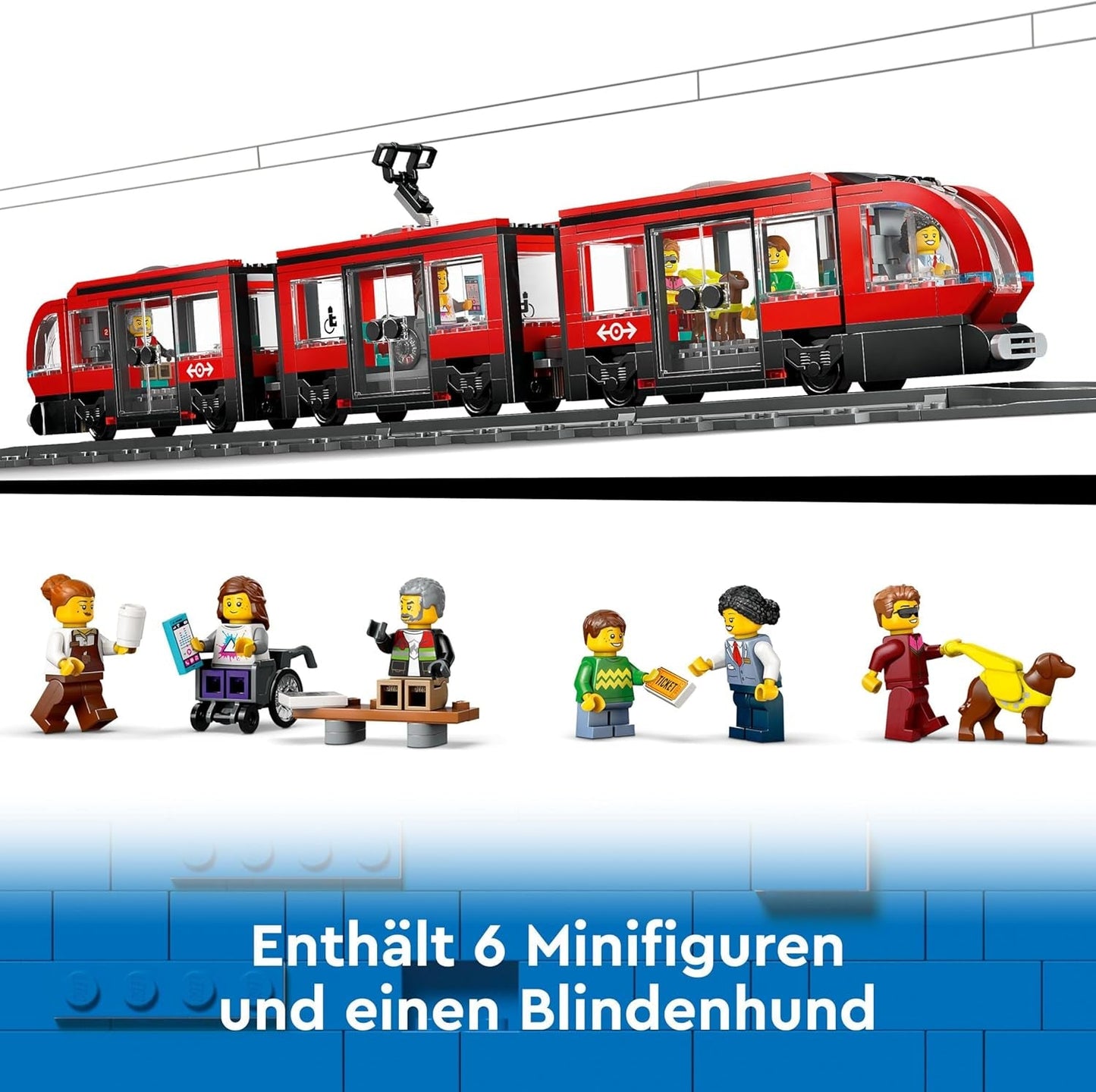 Tramvai LEGO City cu stație, idee de cadou pentru fanii jucăriilor cu vehicule de la 7 ani, cu 6 minifigurine și un câine ghid pentru jocuri de rol, jucărie de construcție 60423 Seturi de constructie Besuche den LEGO-Store