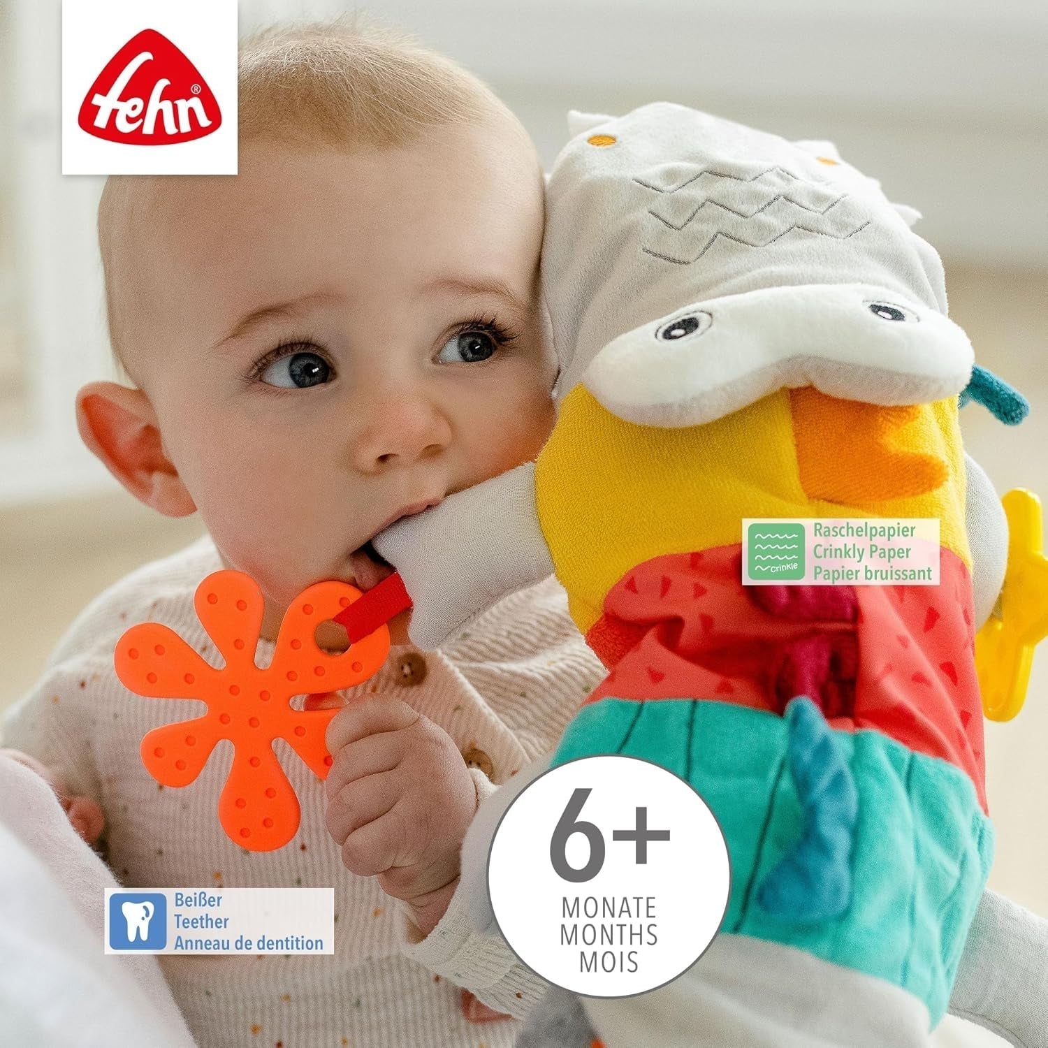 Fehn păpușă de mână pentru bebeluși crocodil - jucărie de pluș cu zornăitor, hârtie care foșnește, teether și squeaker - păpușă de mână pentru bebeluși - jucărie care pocnește pentru bebeluși și copii mici de la 6+ luni Jucarii Bebe Naty Shop