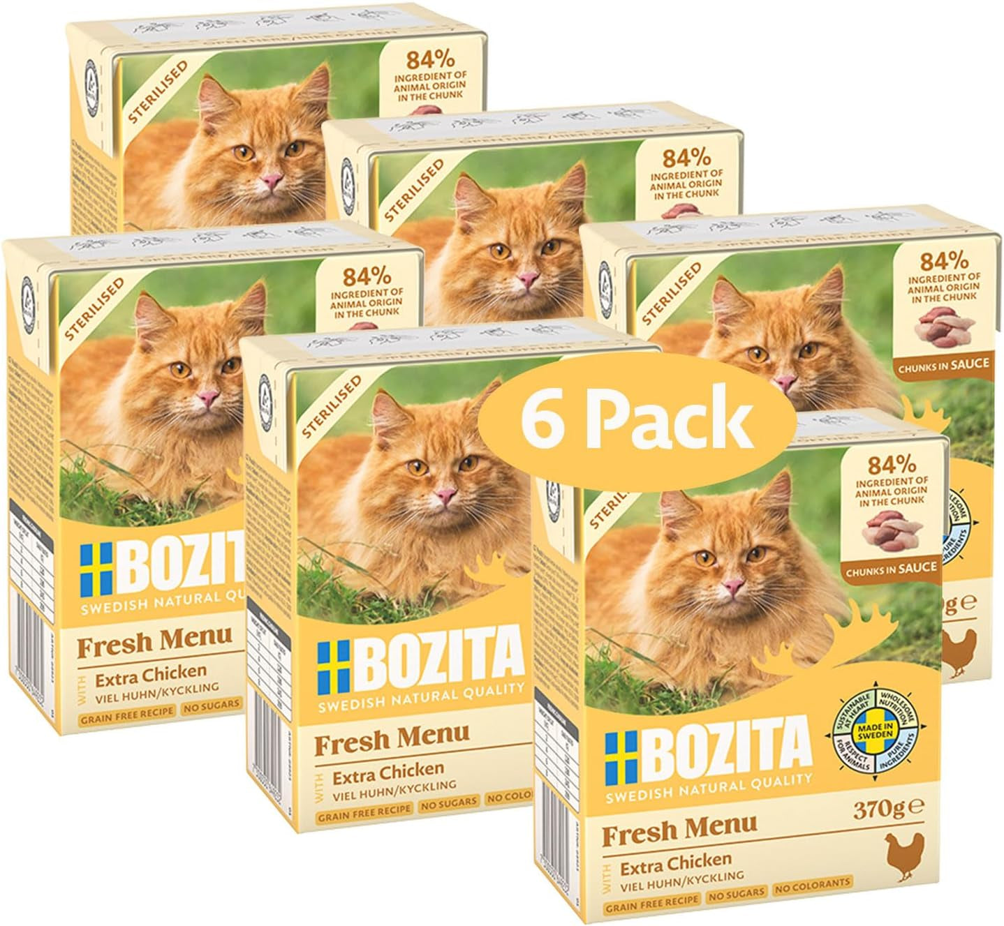 Bozita Tetra Bucăți Sterilizate în Sos cu Mult Pui – 6 x 370g Hrană Umedă Fără Cereale și Zahăr pentru Pisici – Non-OMG, cu 8,5% Proteine și 4,5% Grăsimi – De Înaltă Calitate și Deosebit de Gustos