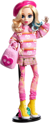 Păpușa și accesorii Monster High Wednesday, figurină de colecție Enid Sinclair roz cu beretă și rucsac, suport pentru păpuși, HXJ05