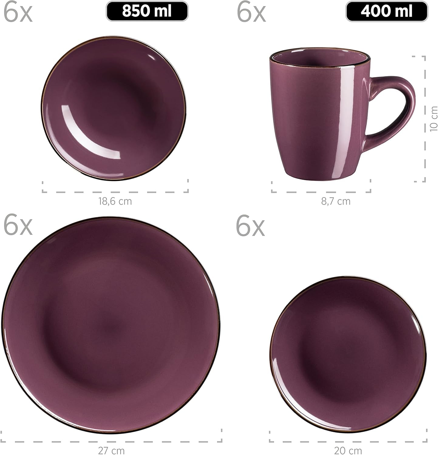 Set de veselă modern pentru 6 persoane cu margine de culoarea alamei, serviciu combinat format din 24 de piese cu forme de cupe fără ramă, lavandă