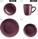 Set de veselă modern pentru 6 persoane cu margine de culoarea alamei, serviciu combinat format din 24 de piese cu forme de cupe fără ramă, lavandă
