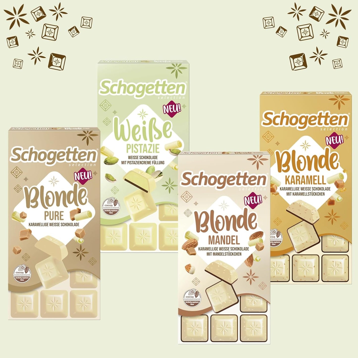 Schogetten Fistic Alb | Ciocolată albă cu umplutură de cremă de fistic | 100 g | Porționat convenabil (pachet de 3)