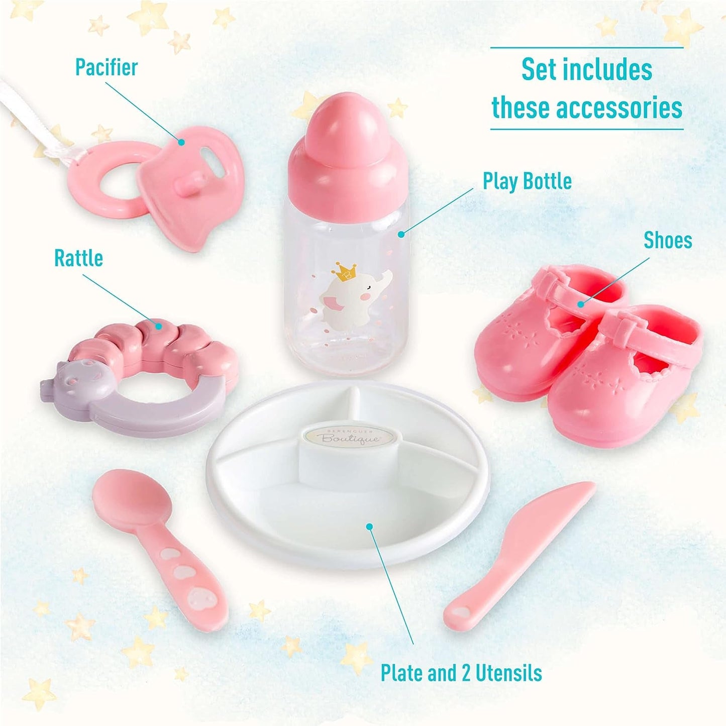 JC Toys - Păpușă moale realistă Berenguer Boutique, 38 cm, cu gură deschisă/închisă, set cadou cu 10 piese, biberon, zornăitoare, suzetă și accesorii, roz, vârste 2+