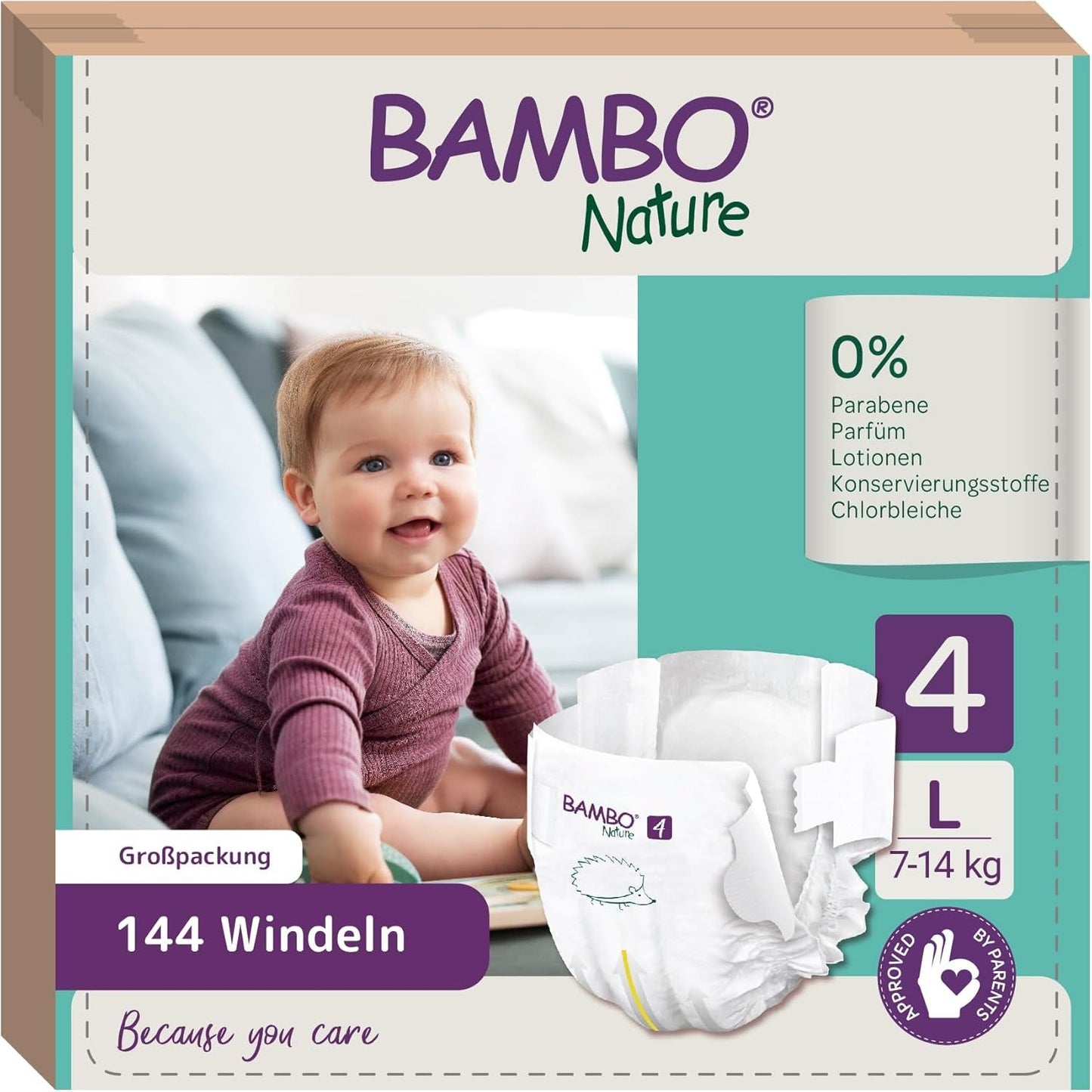 Scutece Bambo Nature pentru bebeluși, mărimea 4 (7-14 kg), 144 buc., cutie lunară | Scutece premium cu protecție îmbunătățită împotriva scurgerilor | Confort și libertate supreme pentru copiii activi | Scutece testate dermatologic