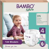 Scutece Bambo Nature pentru bebeluși, mărimea 4 (7-14 kg), 144 buc., cutie lunară | Scutece premium cu protecție îmbunătățită împotriva scurgerilor | Confort și libertate supreme pentru copiii activi | Scutece testate dermatologic