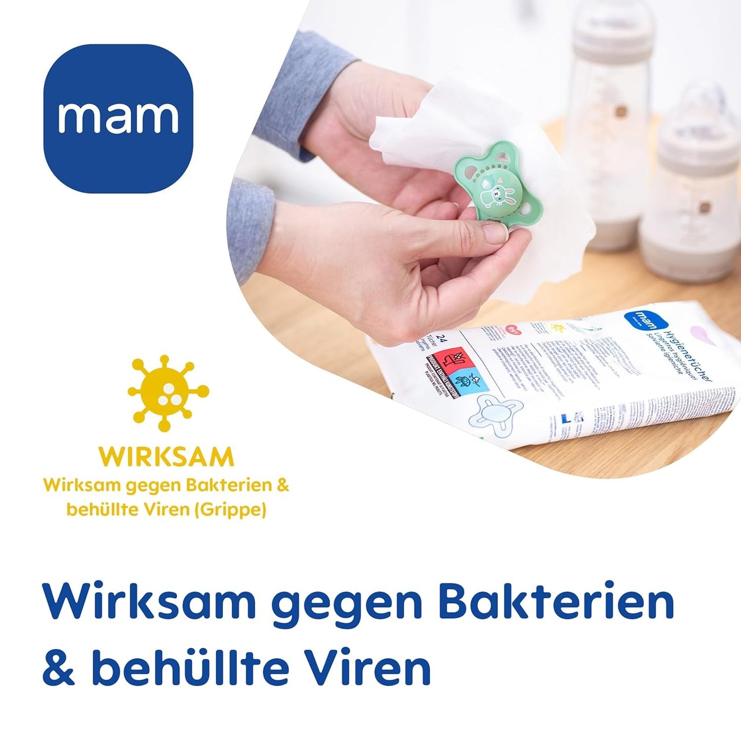 Șervețele igienice MAM în pachet de 3 (3 x 24 bucăți), șervețele de curățare pentru dispozitive medicale și accesorii pentru bebeluși, șervețele igienice eficiente împotriva bacteriilor și virușilor