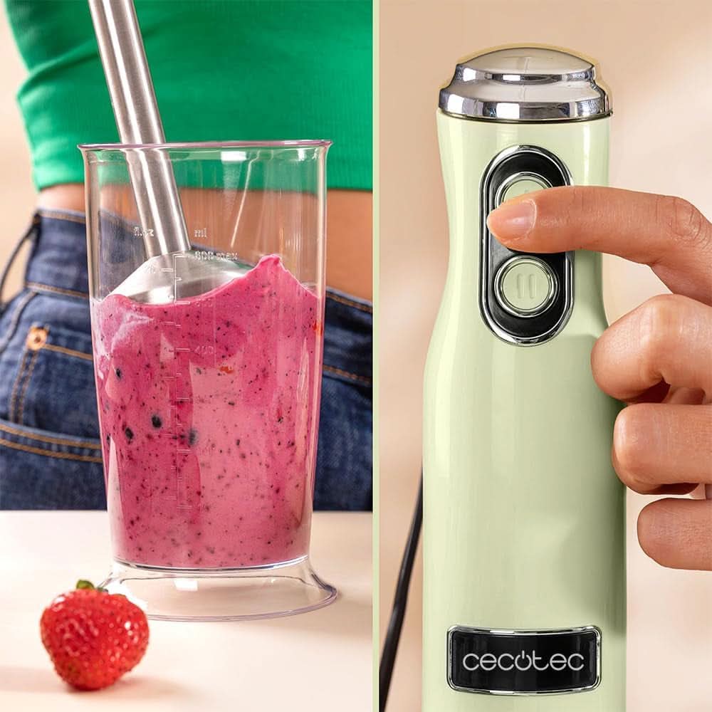 Cecotec Stabmixer Power Retrogreen 1200MAX Cream&Crush, Maximalleistung 1200 W, Crossblades-Technologie, 2 Geschwindigkeiten, Zubehörset Spülmaschinenfest, Spritzschutzhaube Bucatarie Naty Shop
