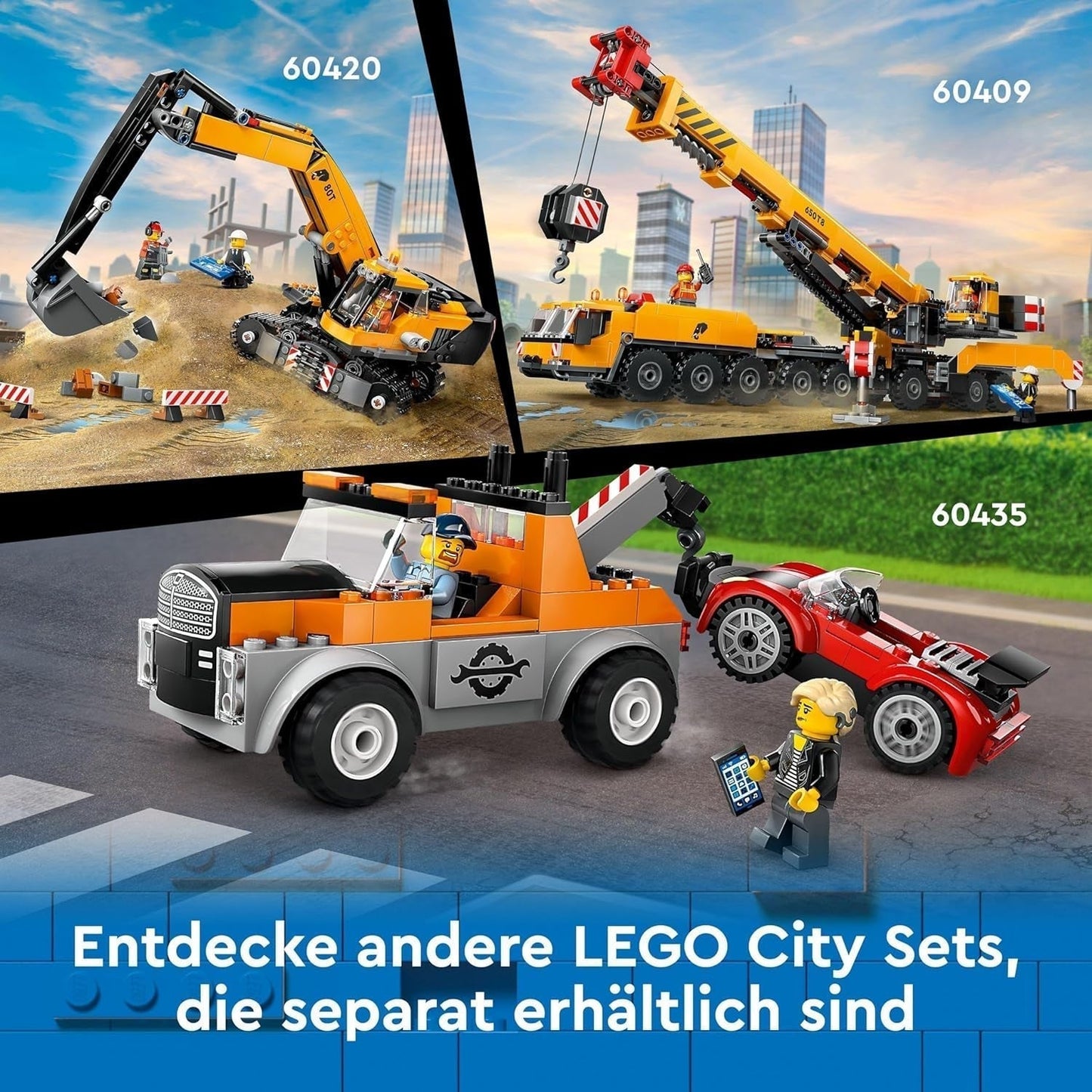 Macara mobilă de construcții LEGO City, jucărie de construcții pentru băieți și fete, cadou pentru copii creativi, braț lung extensibil, 4 minifigurine de muncitori în construcții pentru jocuri de rol 60409 Seturi de constructie Besuche den LEGO-Store