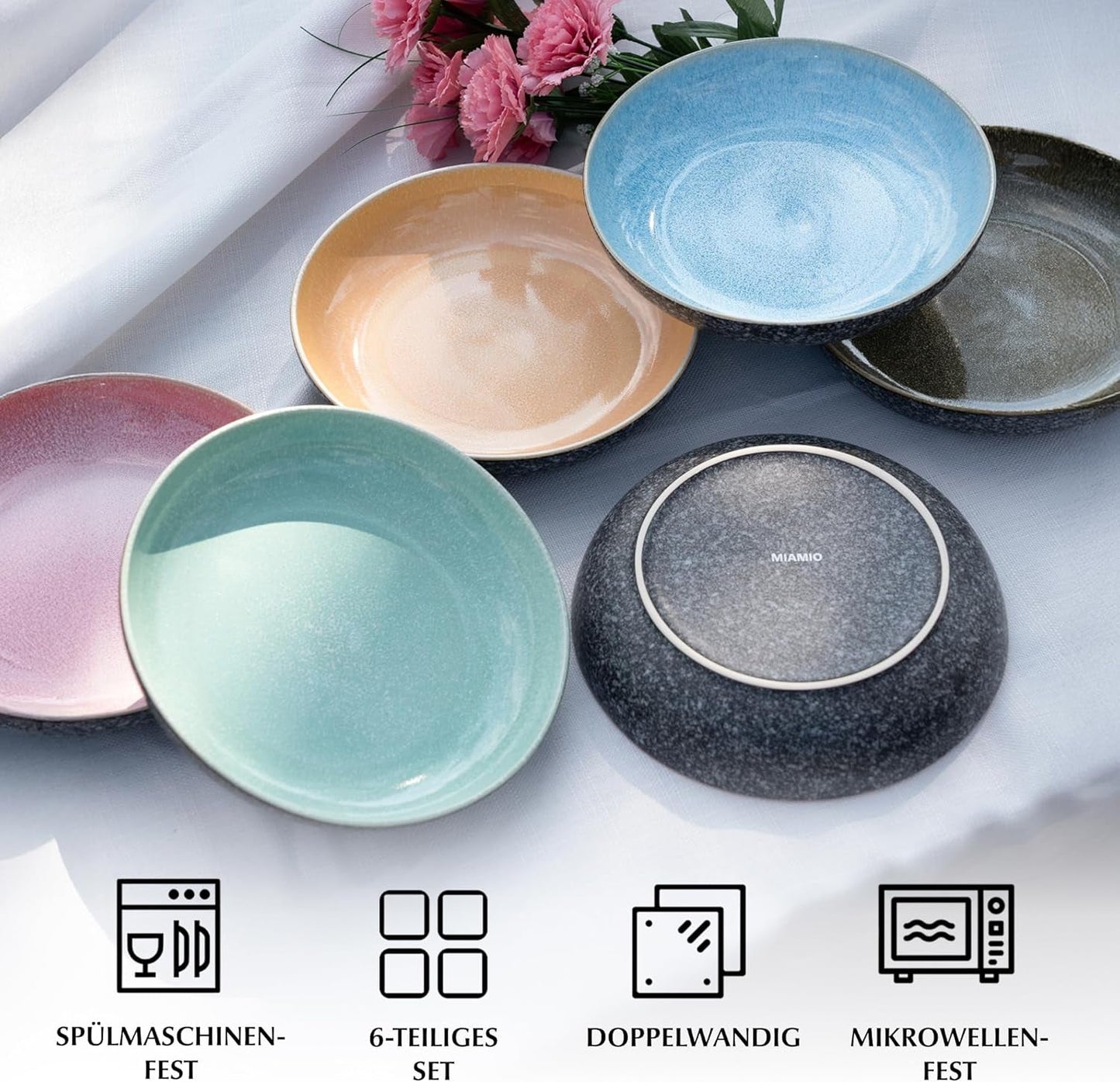 MIAMIO - Farfurii de masă, set de 6 (850 ml) / Farfurii mari și adânci pentru paste, set de farfurii pentru 6 persoane, bol de salată ceramic / Se poate spăla în mașina de spălat vase și în cuptorul cu microunde - Colecția Las Palmitas