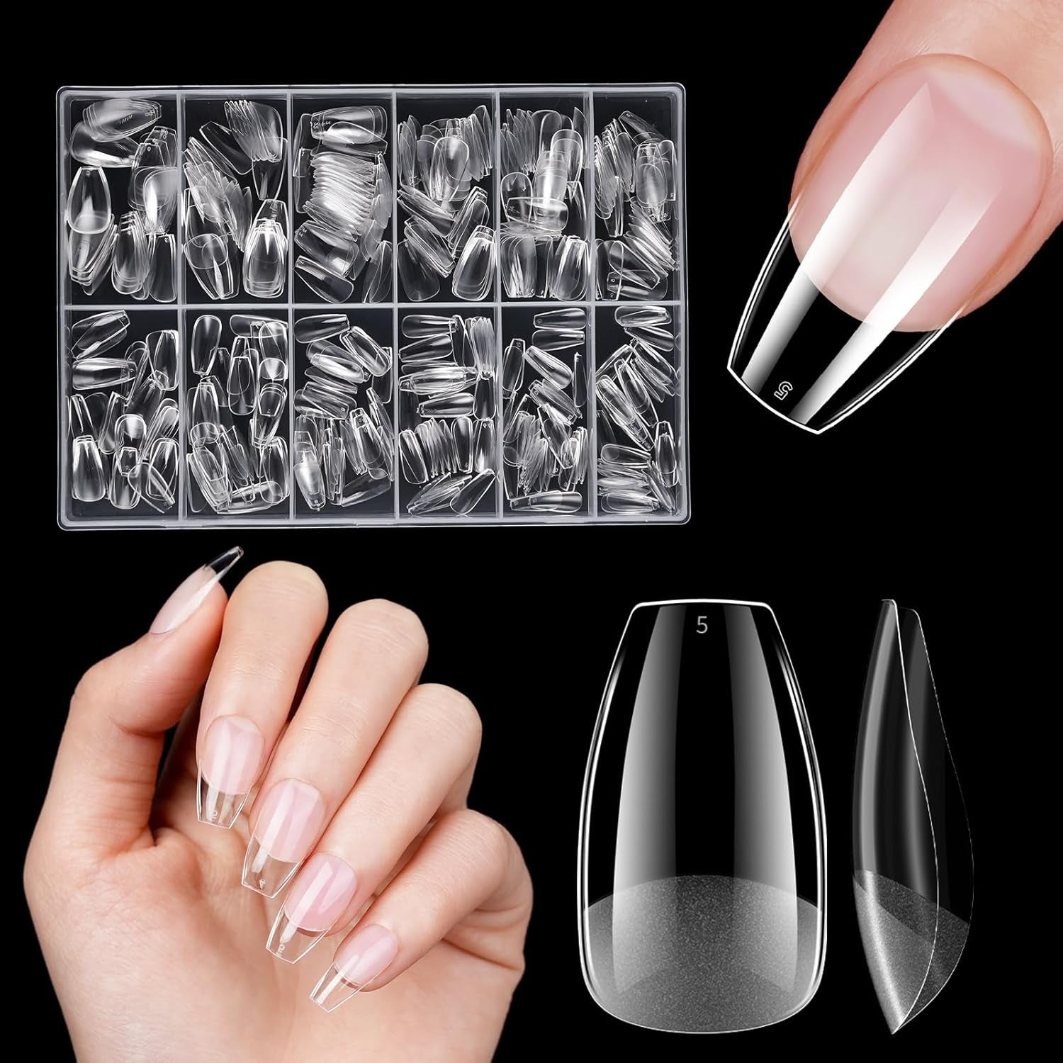 Unghii artificiale scurte, 500 bucăți gel moale acoperire completă vârfuri de unghii pentru unghii cu gel 12 mărimi vârfuri de unghii pre-lustruite pentru unghii cu gel, unghii artificiale scurte sicriu pentru extensii de unghii cu cutie