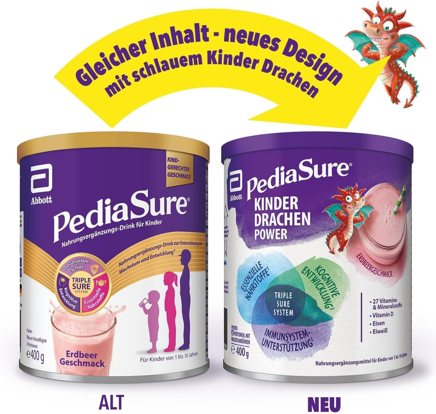 Pediasure Kids Dragon Power Chocolate 400g | Shake delicios ca supliment nutritiv pentru copii de la 1 an | Cu 27 de vitamine și minerale, proteine și complex triplesure | Ambalajul poate varia