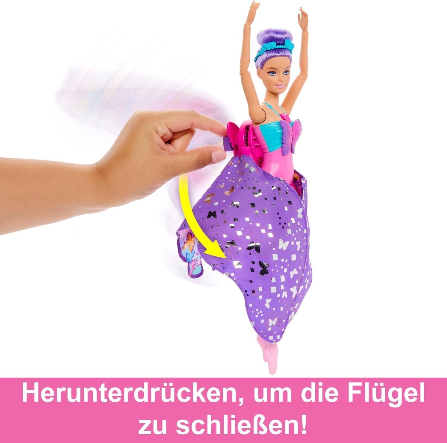Păpușa Barbie Dance And Flutter cu transformare 2 în 1 de la dansatoare la fluture cu aripi care se deschid, păr violet, bijuterii de păr și tutu detașabil, HXJ10 Papusi Naty Shop