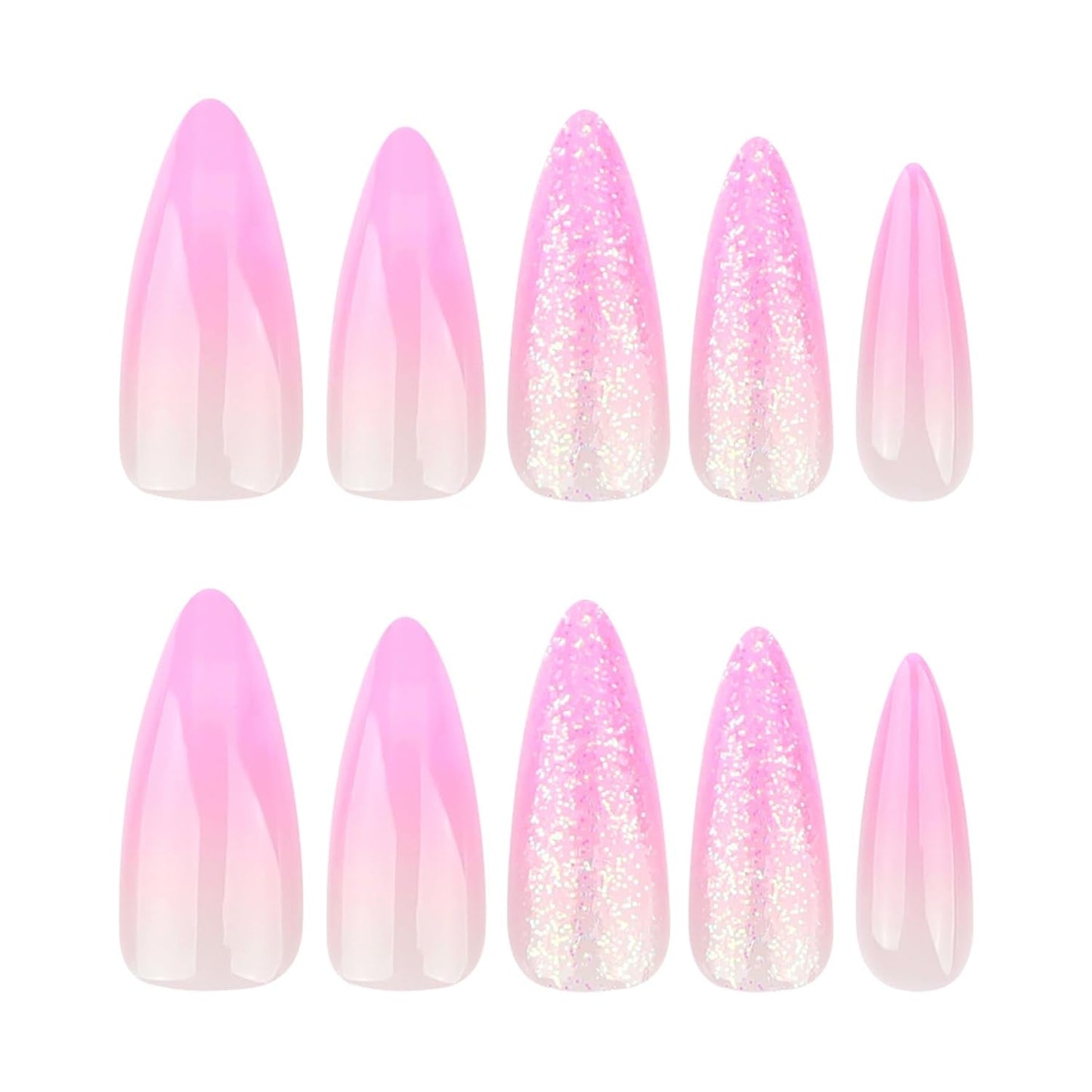 Mouyouglow Unghii lungi, Stiletto, alb lăptos, gradient roz, sclipici, cool, unghii false cu lipici, unghii artificiale roz Ombre sclipici