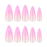 Mouyouglow Unghii lungi, Stiletto, alb lăptos, gradient roz, sclipici, cool, unghii false cu lipici, unghii artificiale roz Ombre sclipici