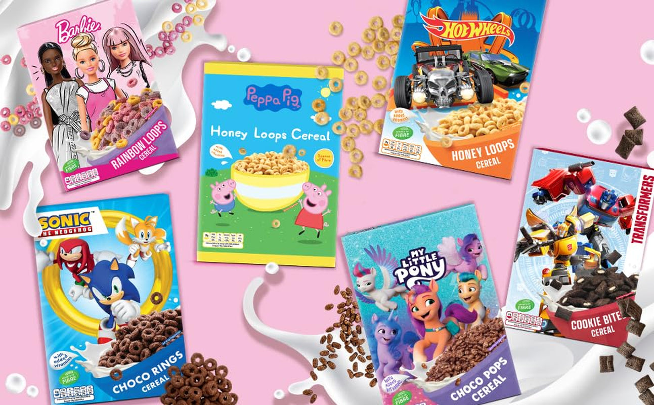 Cereale Barbie Rainbow Loops, inele colorate din grâu, ovăz și porumb cu aromă de fructe pentru micul dejun perfect, 1 pachet (1 x 350g)