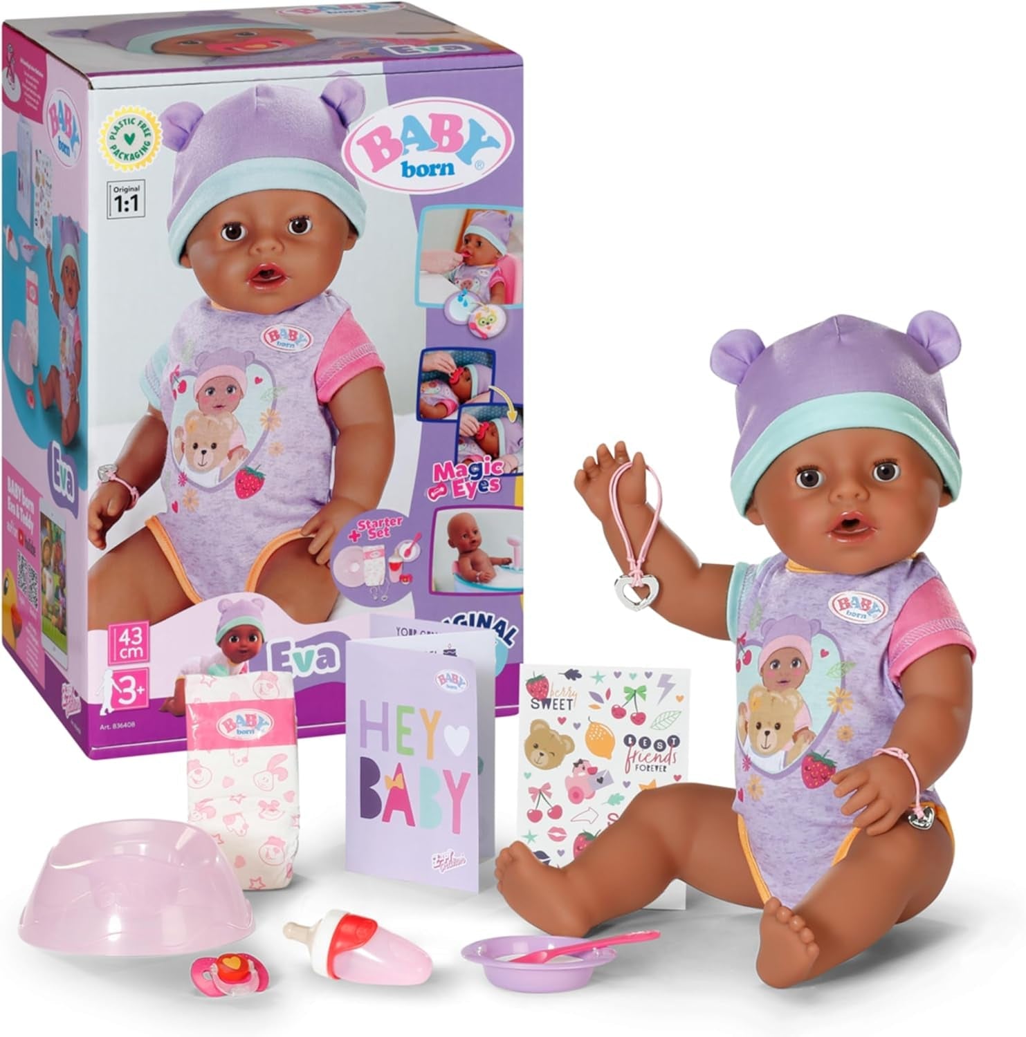 BABY Born Eva 43Cm, păpușă cu 10 funcții și accesorii, pentru copii de la 3 ani, funcționează fără baterie, păpușă mare 43Cm, 836408 Zapf Creation Papusi Naty Shop Titlu implicit