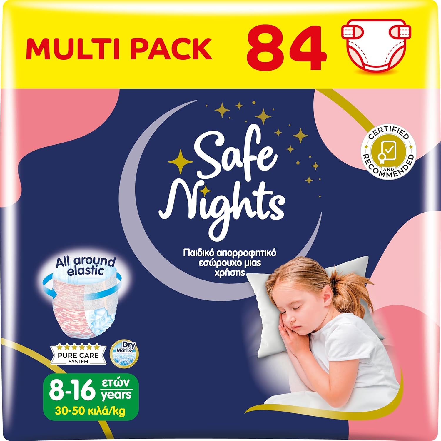 Safe Nights Girl, chiloți absorbanți de noapte pentru fete cu vârsta cuprinsă între 8 și 16 ani (30-50 kg), 14 bucăți