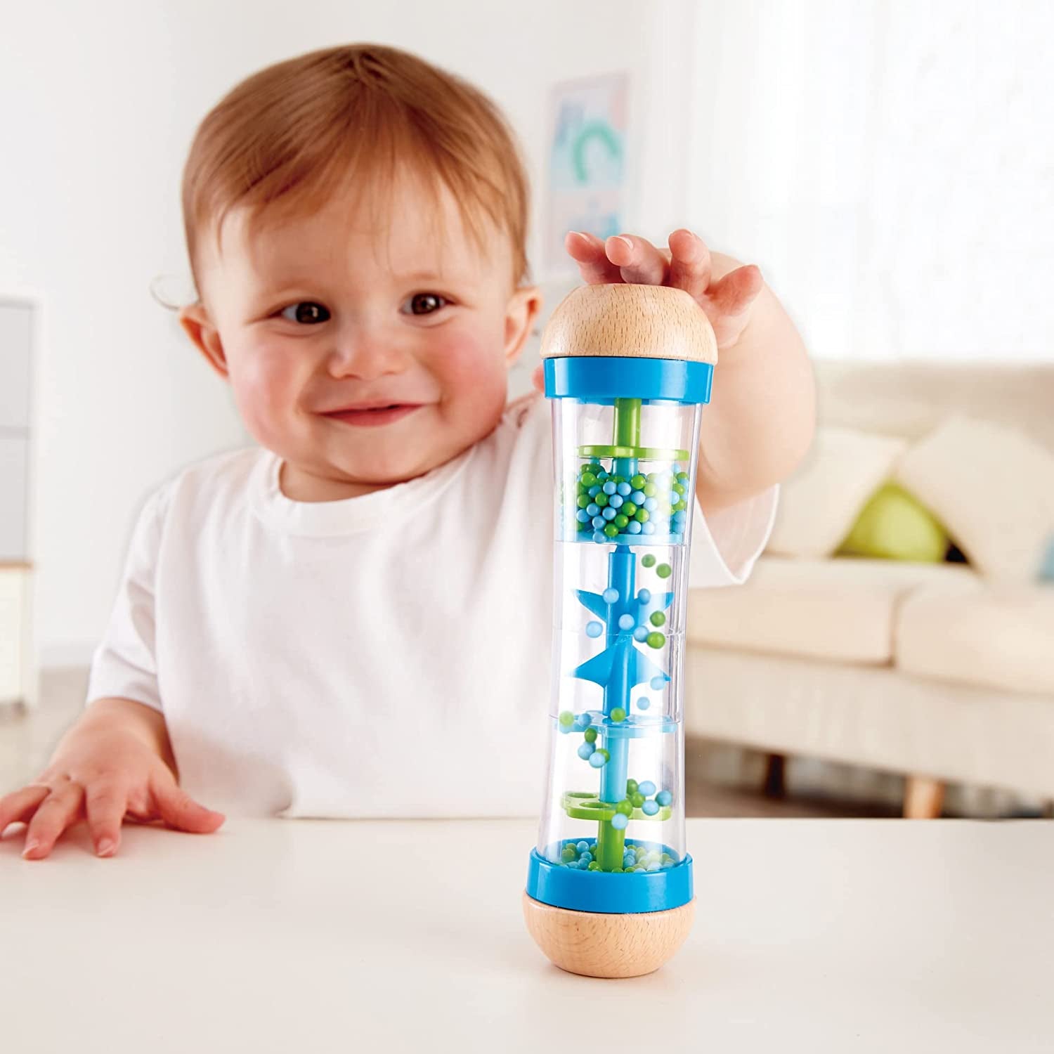 Hape rainmaker | mini jucărie muzicală cu clopoței din lemn, albastru Jucarii Bebe Naty Shop
