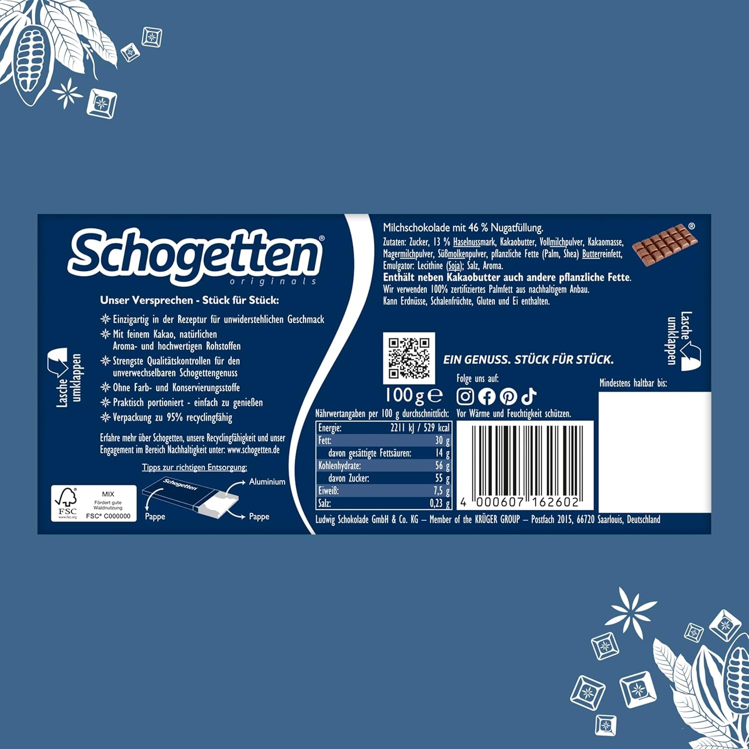 Baton de ciocolată Schogetten Nougat 100g, porționat individual. O încântare. Bucată cu bucată.