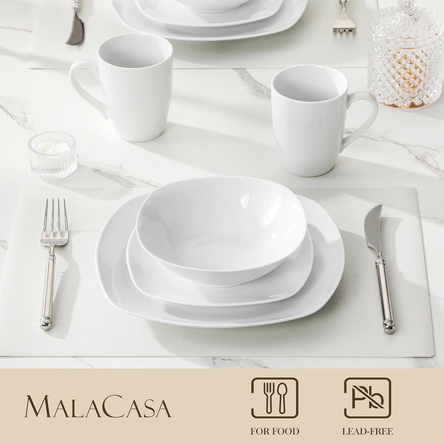 Set de veselă MALACASA pentru 4 persoane, serviciu de masă cu 16 piese din porțelan alb, set de veselă modern cu 4 farfurii de cină, farfurii de desert, farfurii de sumă și cești, seria ELISA