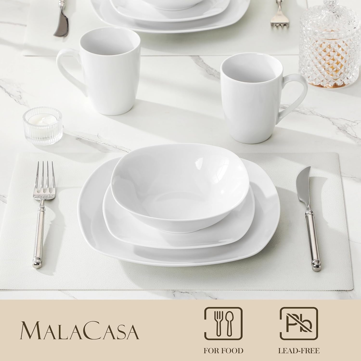 Set de veselă MALACASA pentru 4 persoane, serviciu de masă cu 16 piese din porțelan alb, set de veselă modern cu 4 farfurii de cină, farfurii de desert, farfurii de sumă și cești, seria ELISA