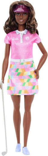 Păpușă Barbie Golfer Brunetă în Rochie Polo Roz Detașabilă, Uniformă de Golf, Include Șapcă și Accesorii pentru Crose de Golf, JCR69