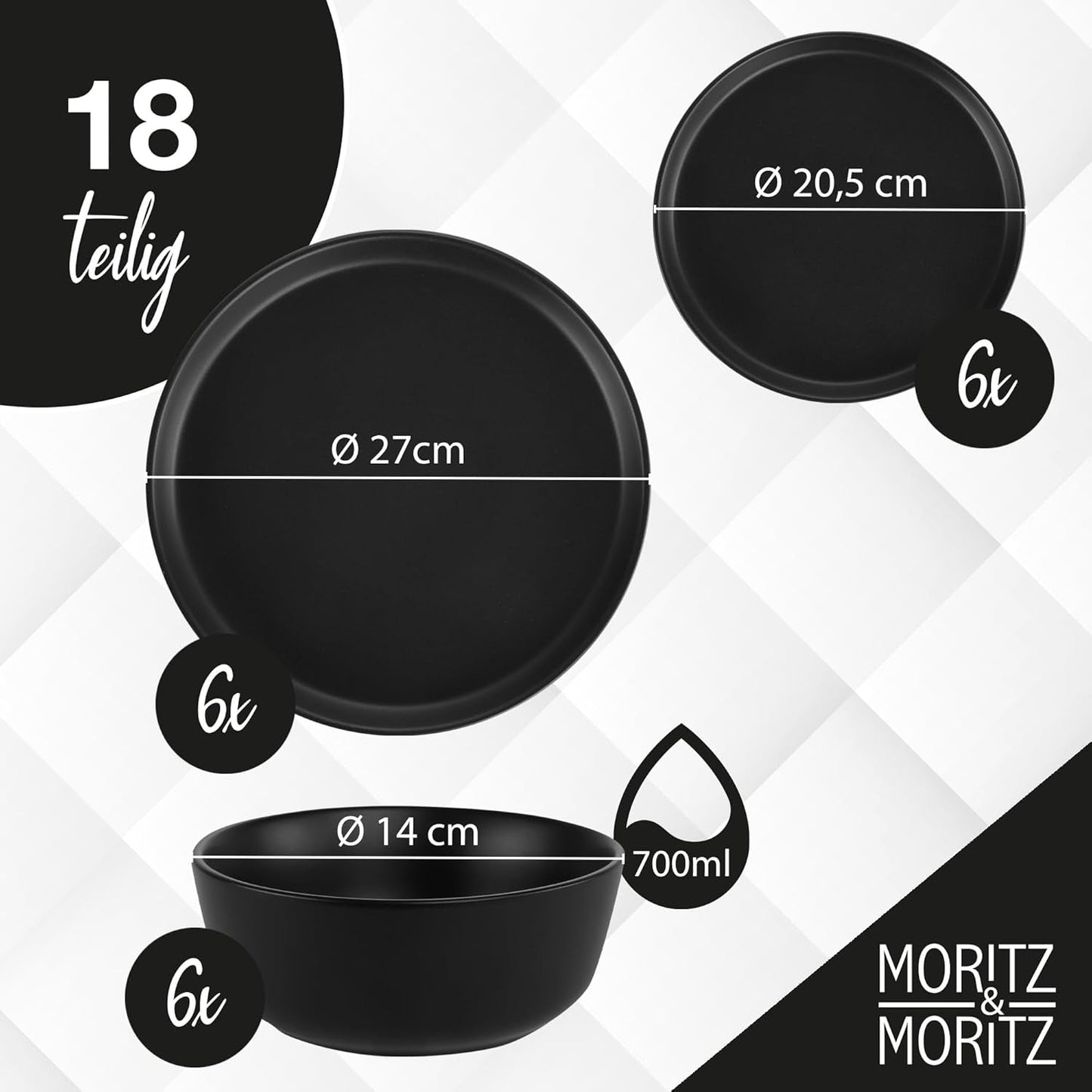 Set de veselă Moritz & Moritz NORDIC pentru 6 persoane - Set de veselă din gresie neagră cu 18 piese - Design scandinav - Set de farfurii robust pentru 6 persoane pentru uz zilnic și pentru oaspeți - Set de veselă combinat