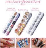 Set de stickere și accesorii pentru unghii - 5 stickere pentru unghii, pensulă, pietre, bandă decorativă, foiță de aur - Perfect pentru manichiură și unghii cu gel - Set de 50 de piese