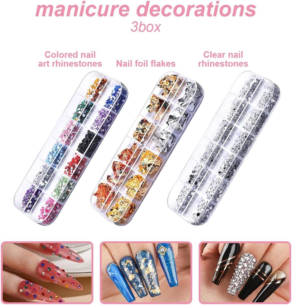 Set de stickere și accesorii pentru unghii - 5 stickere pentru unghii, pensulă, pietre, bandă decorativă, foiță de aur - Perfect pentru manichiură și unghii cu gel - Set de 50 de piese