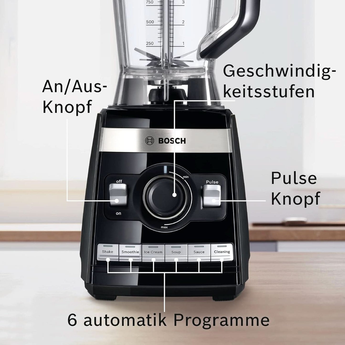 Bosch Standmixer Vitaboost MMBH6P6BDE, 6-Klingen-Edelstahlmesser, 2,5L Tritan-Mixbehälter, Stopfer, 6 Automatikprogramme, Rezeptbuch, Bpa-Frei, Einfache Reinigung, 45,000 U/Min, 1600 W, Schwarz Bucatarie Naty Shop