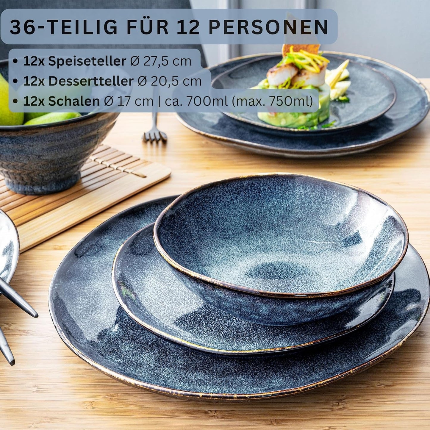 Sänger | Set de veselă Tokyo cu 36 de piese, veselă pentru 12 persoane, set de veselă din gresie, modern lucrat manual, veselă albastru închis cu accente negre | COLECȚIA PREMIUM