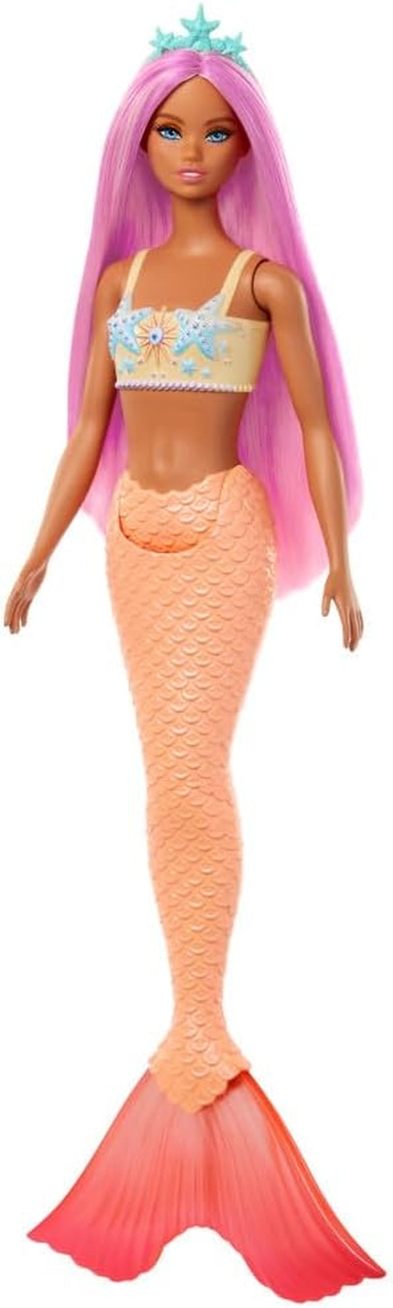 Păpușă sirenă Barbie cu păr fantezie în roz și lila cu bentiță, păpușă cu partea de sus din scoică și aripioară din coadă albastru lavanda, HRR06 Papusi Naty Shop Sirenă cu aripioară portocalie